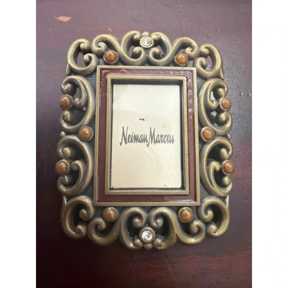Jay Strongwater Neiman Marcus Mini Picture Frame Gold Tone Enamel Crystal Scroll